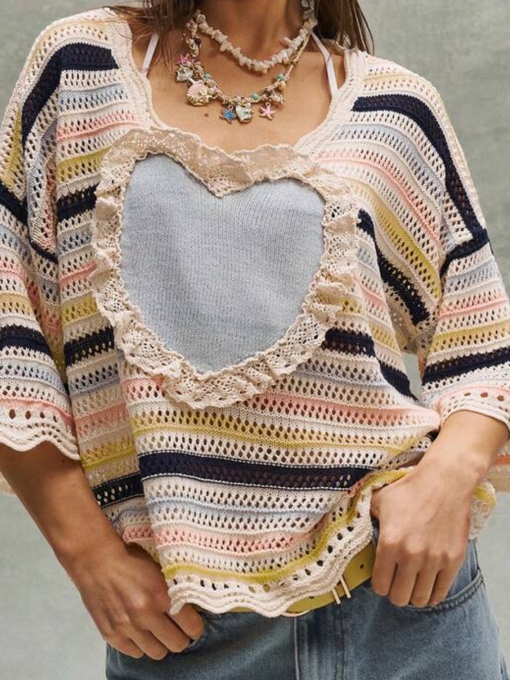 COQUETTE charmed Striped Crochet Heart Cutout Sweater ! NWT! L